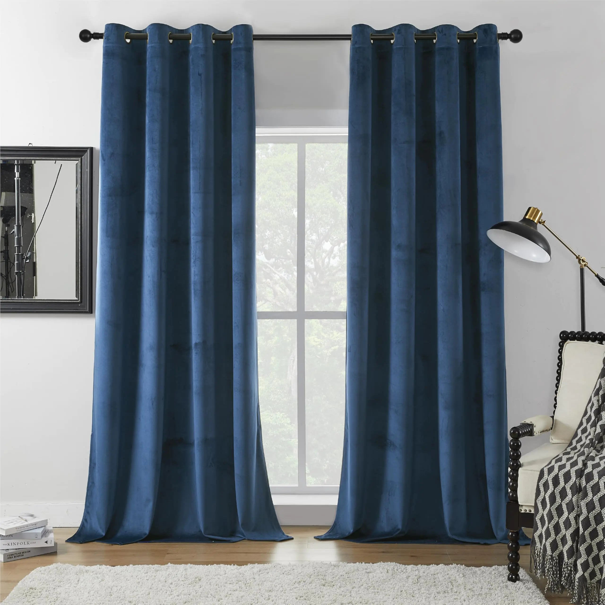 PHOENIGON Dark Blue Velvet Curtains 108 inches long Room Darkening Curtains Thermal Insulated Curtains Luxury Soundproof Curtains for Living Room Bedroom Elegant Soft Velvet Grommet Curtains 2 Panels