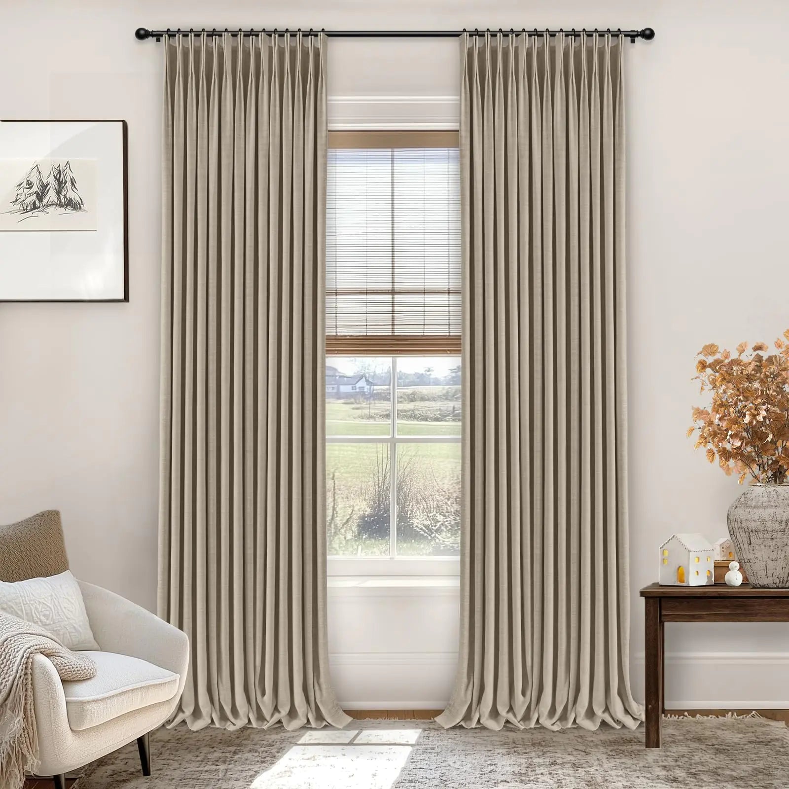 INOVADAY Pinch Pleated Curtains 100% Blackout Curtains Thermal Pinch Pleated Curtains Blackout Linen Blackout Curtains Drapes for Bedroom/Living Room - W40 x L108 Grey Beige