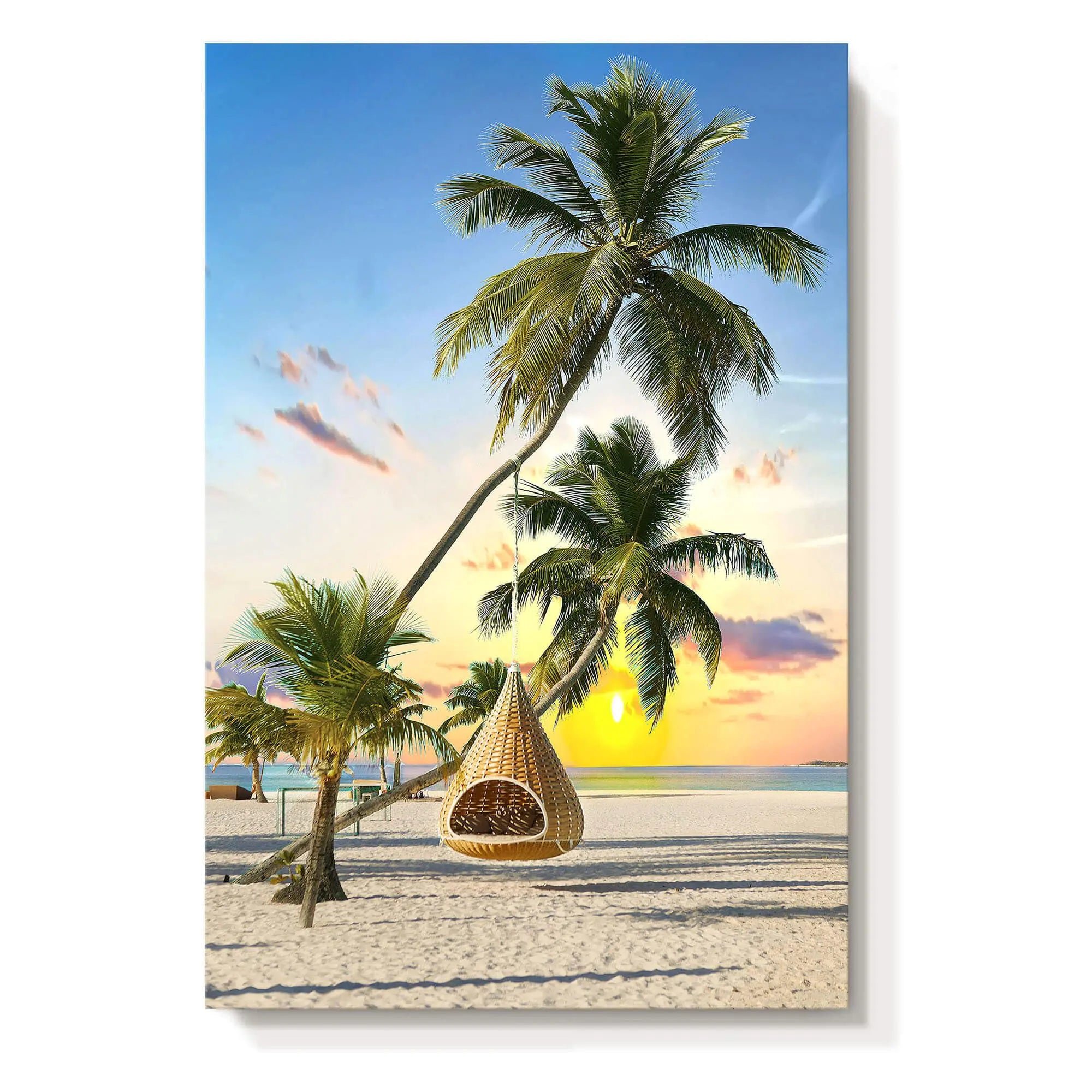 Beach Seaside Canvas Wall Art: Coastal Coconut Trees Painting Sunset on Ocean Swing Picture Seascape Palm Tree Artwork Decor for Living Room Bedroom 48" x 32"