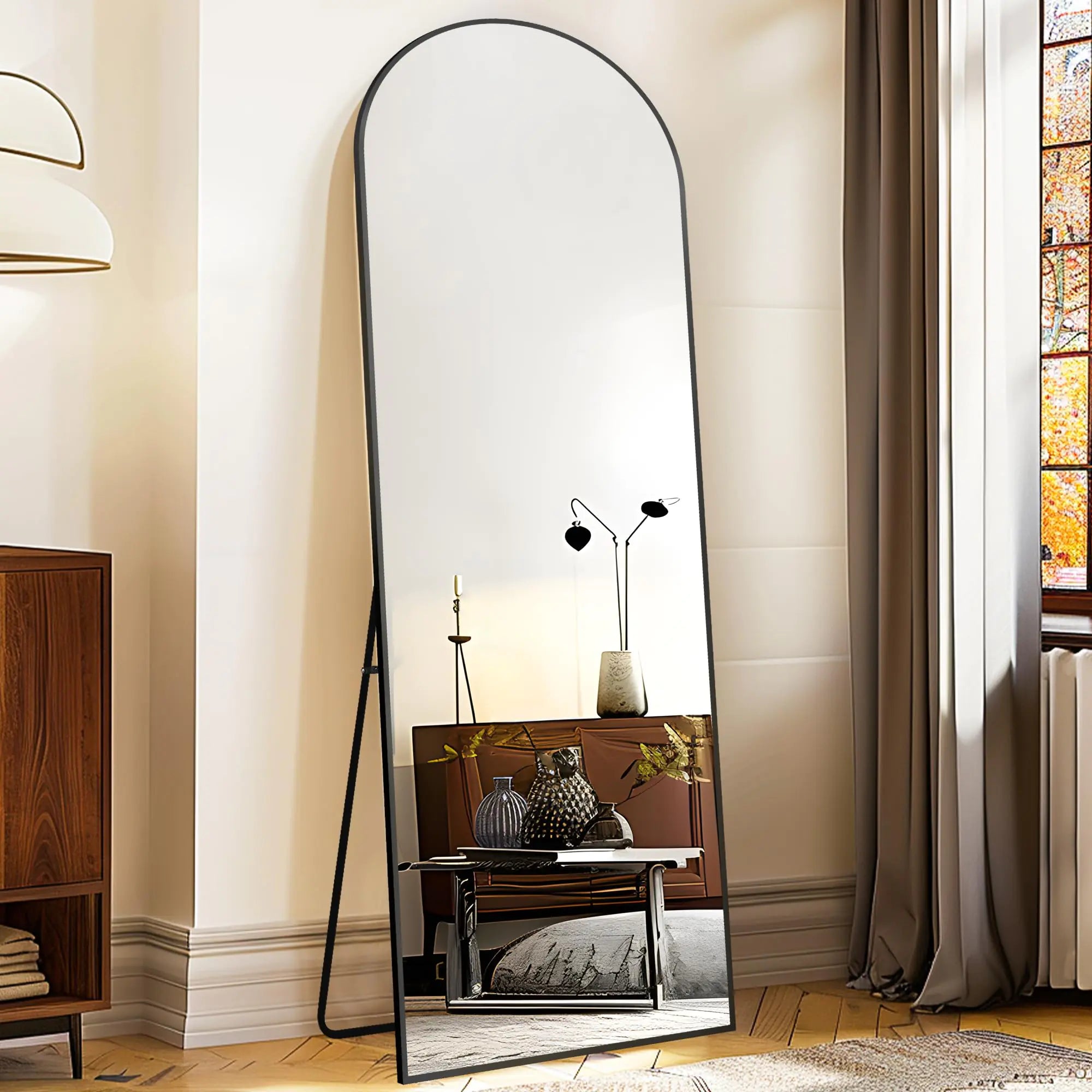 GlasFlength Arched Full Length Mirror with Stand 57"x20" Free-Standing Leaning Wall-Mounted Mirrors Elegant Body Mirror for Living Room Bedroom & Cloakroom Black