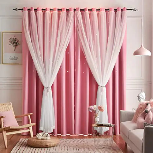 Loyala Star Curtains Blackout Curtains for Bedroom Double Layer Curtains Nursery Curtains Cute Curtains Kids Curtains for Girls Curtains 108 Inches Long Set of 2 Pink Curtains 52 X 108 Inches